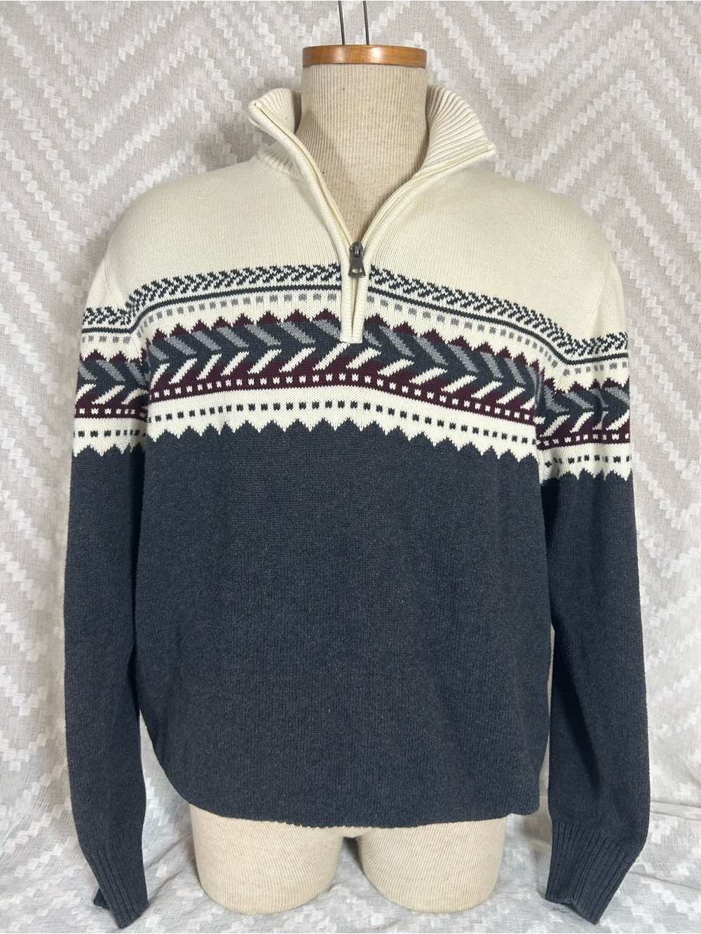 Men's Half-Zip Fair Isle Sweater – Cream and Charcoal